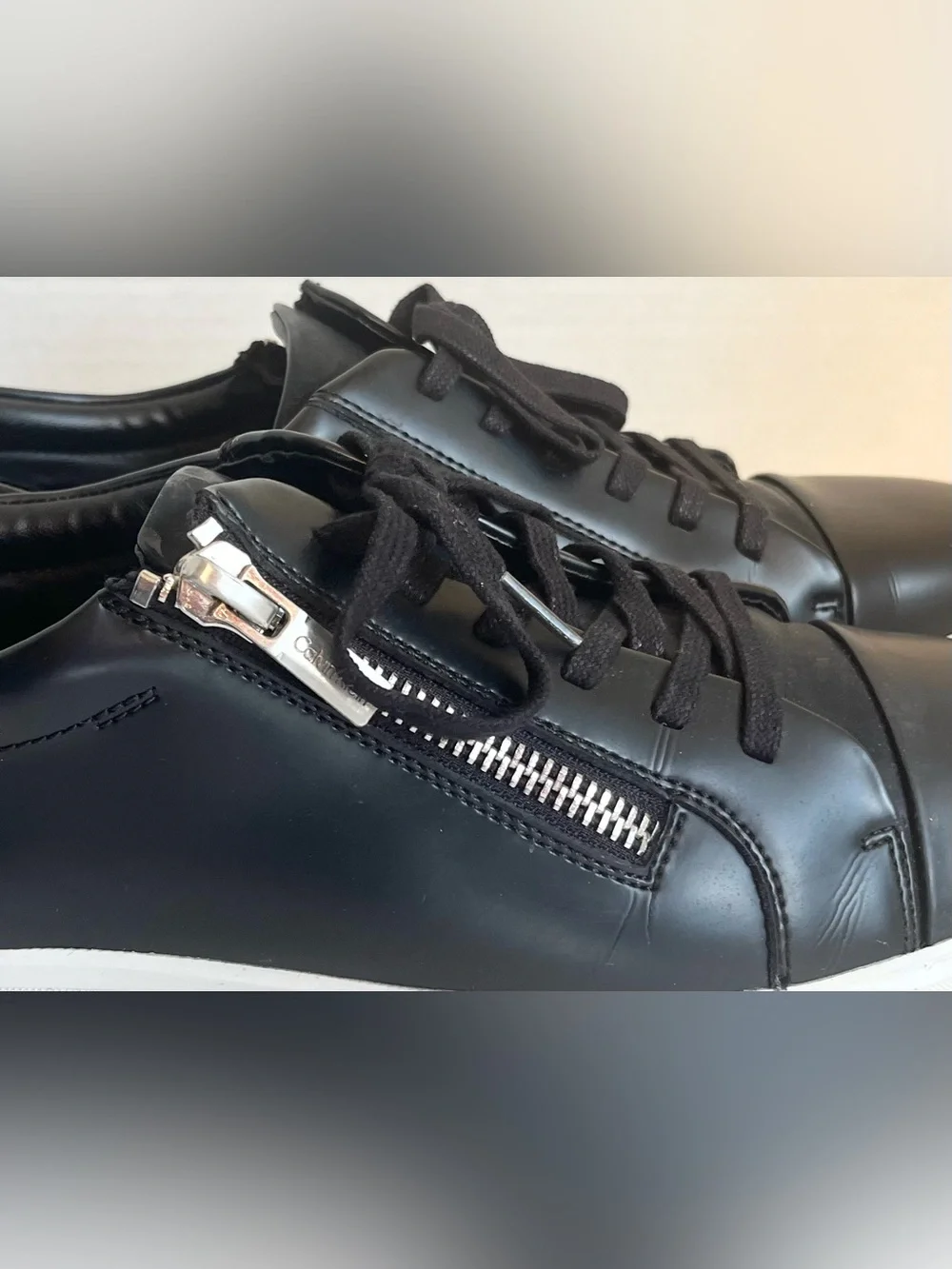 Men's Calvin Klein Ibrahim Box Leather Zip & Tie Black Casual Sneakers (Size 12)